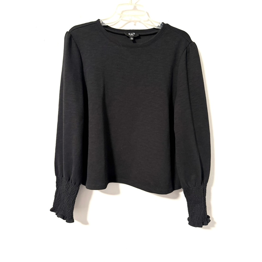 OAT New York Womens Black Knit Sweatshirt Top Smocked Cuff Puff Sleeve 3103-PA L